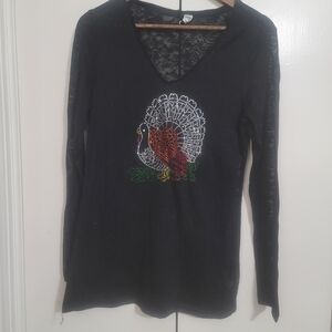Kavio Black Long-Sleeve V-Neck Top with Rhinestone Turkey Motif